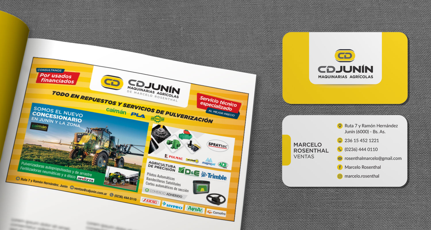 CD Junín. Maquinarias Agrícolas. Marcelo Rosenthal. Diseño de tarjetas comerciales, publicidad para revista